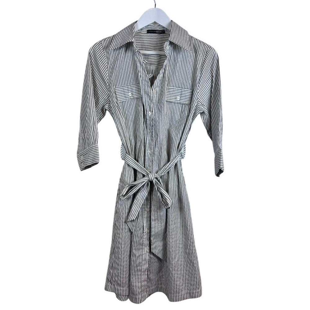 Caroline Won Shirt Dress Womens 42 Black White Excellent Belted Striped Utility